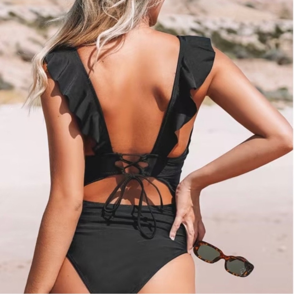 Seaside Ruffle Ruched one piece black swimsuits. Back Tie, moderate coverage. - Picture 2 of 3